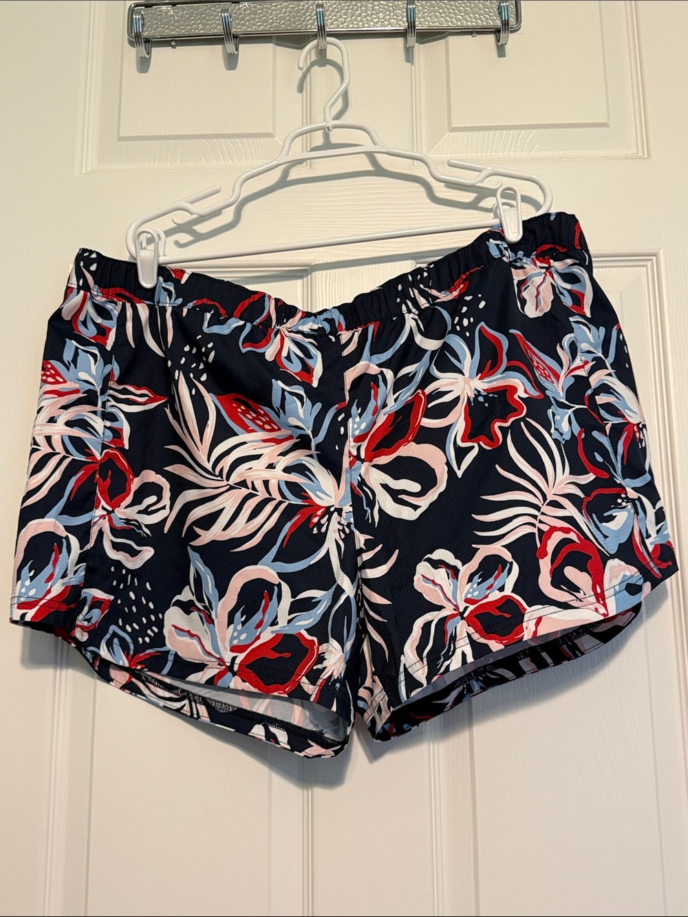 Navy Floral Athletic Shorts with Elastic Waistband - Women's